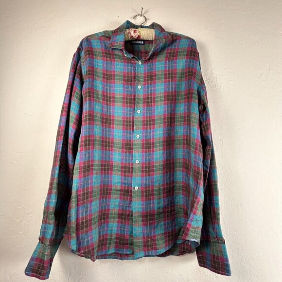 J.Lawrence Khaki's of Carmel Multicolor Plaid Albini Linen Button Down Shirt